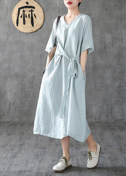 Style Navy Linen Dresses V Neck Tunic Linen Robes Summer Dress