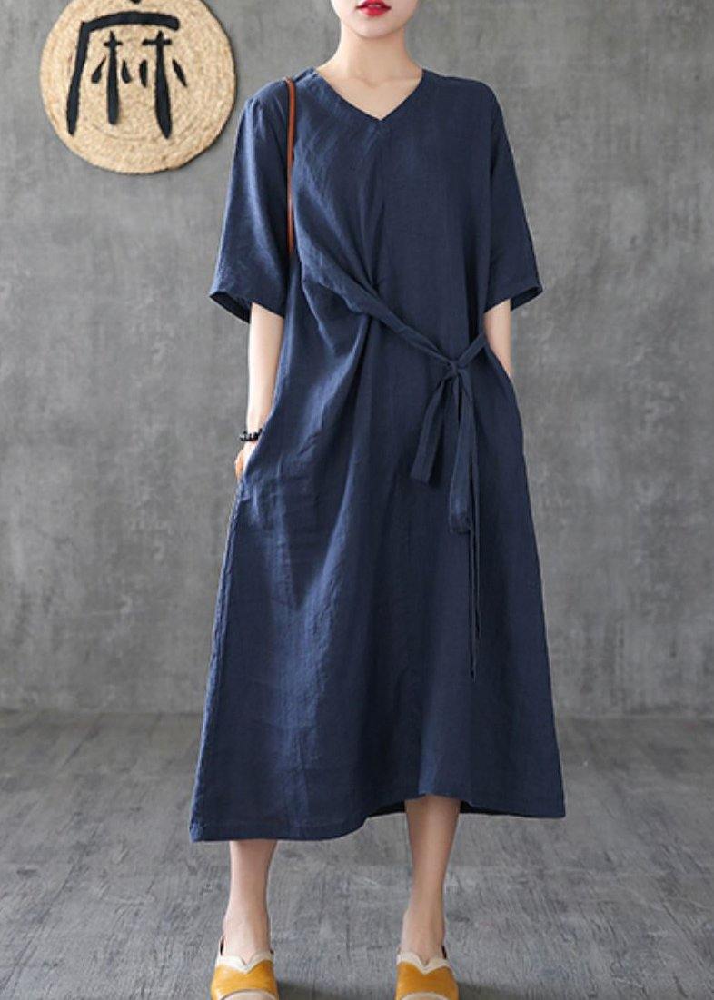 Style Navy Linen Dresses V Neck Tunic Linen Robes Summer Dress