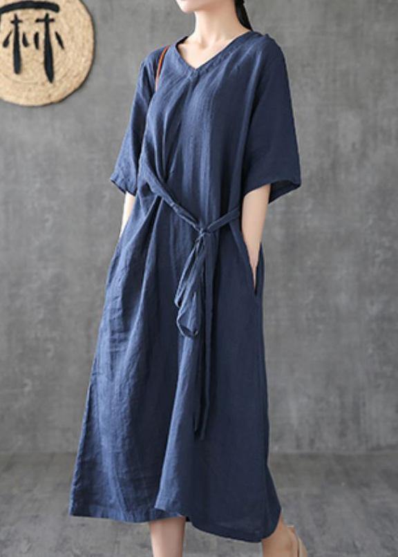 Style Navy Linen Dresses V Neck Tunic Linen Robes Summer Dress