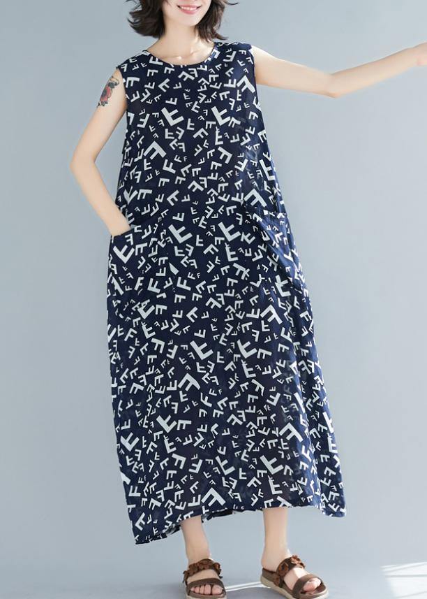 Style Navy Print Cotton Dresses O Neck Sleeveless a Line Summer Dress