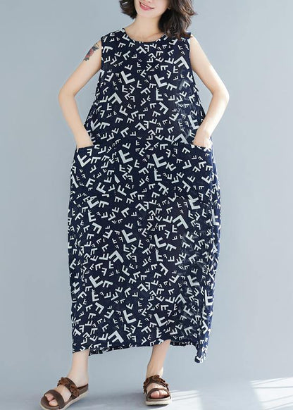 Style Navy Print Cotton Dresses O Neck Sleeveless a Line Summer Dress