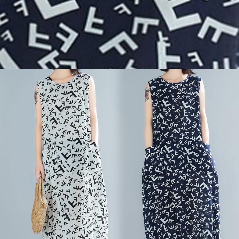 Style Navy Print Cotton Dresses O Neck Sleeveless a Line Summer Dress