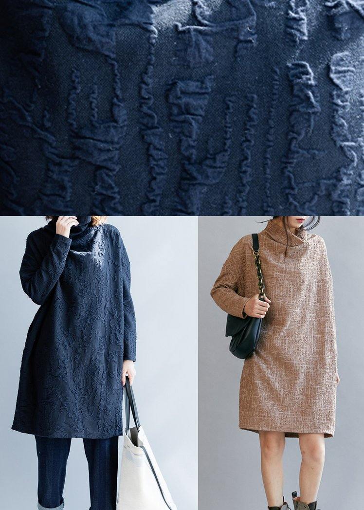 Style Navy Tunic Pattern High Neck Patchwork Long Fall Dress