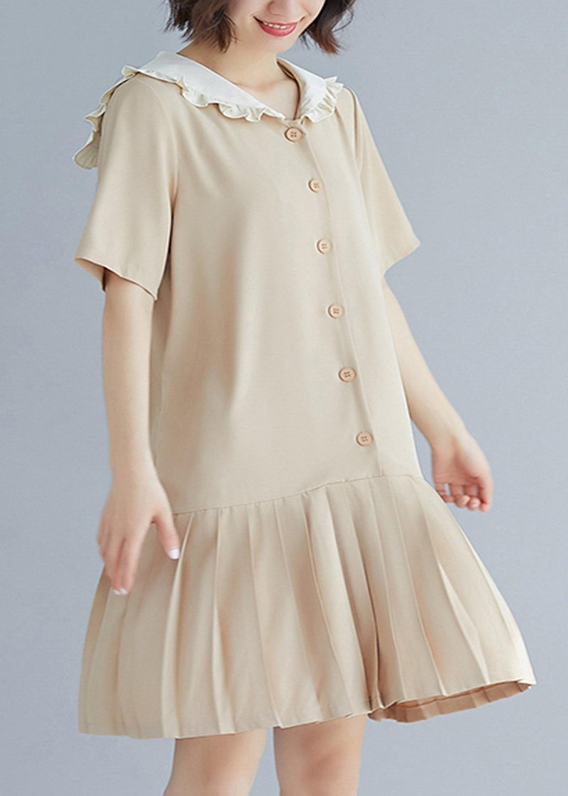 Style Nude Ruffles Hem Cotton Long Shirts Sailor Collar a Line Summer Dresses