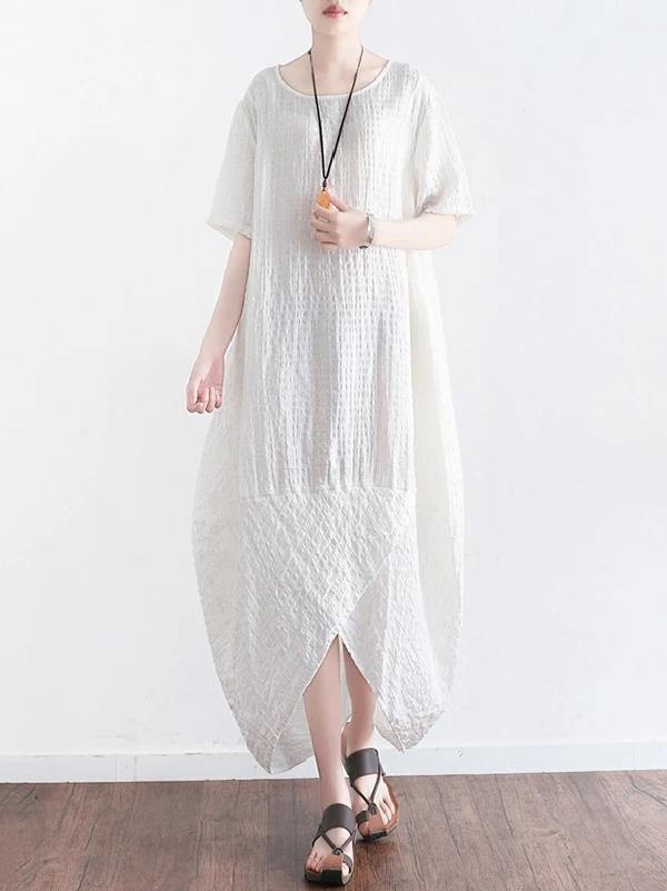 Style O Neck Asymmetric Cotton Clothes Shirts White Dress Summer