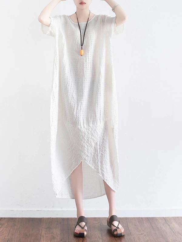 Style O Neck Asymmetric Cotton Clothes Shirts White Dress Summer
