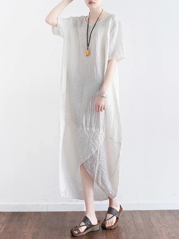 Style O Neck Asymmetric Cotton Clothes Shirts White Dress Summer