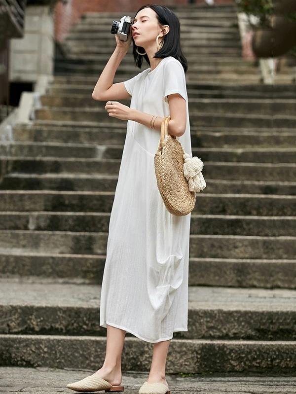 Style O Neck Asymmetric Cotton Dress Sewing Nude Traveling Dress Summer