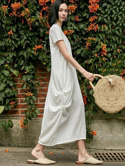 Style O Neck Asymmetric Cotton Dress Sewing Nude Traveling Dress Summer