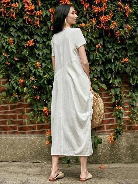 Style O Neck Asymmetric Cotton Dress Sewing Nude Traveling Dress Summer