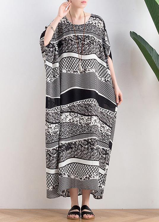 Style O Neck Asymmetric Summer Clothes Black White Striped Art Dresses