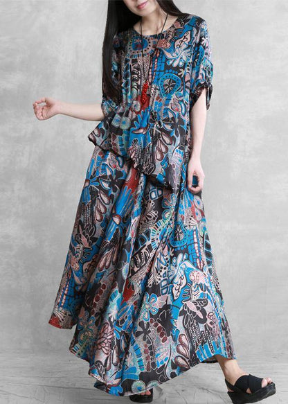 Style O Neck Asymmetric Summer Dresses Sleeve Blue Print Robes Dresses