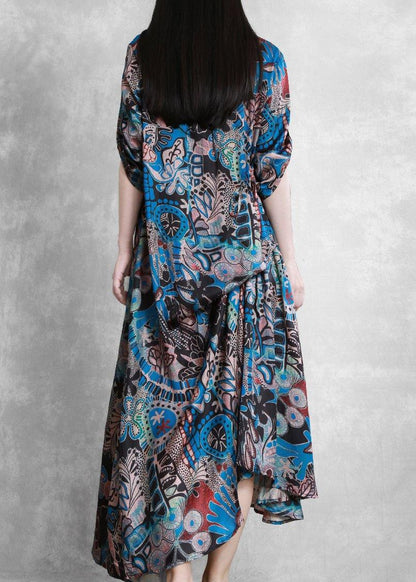 Style O Neck Asymmetric Summer Dresses Sleeve Blue Print Robes Dresses