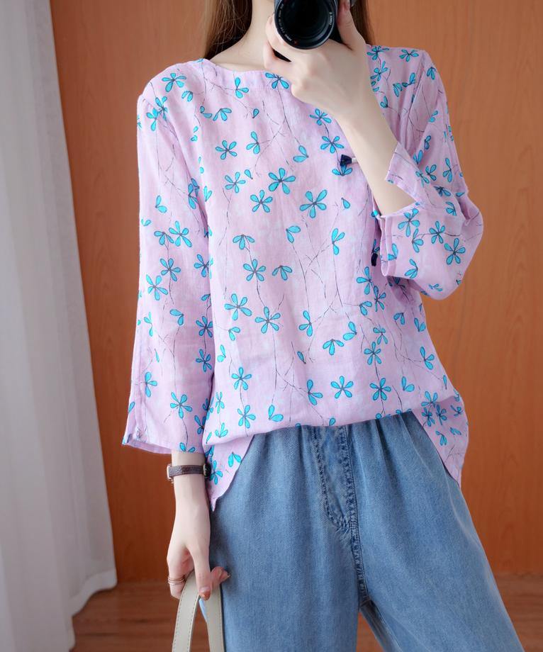 Style O Neck Baggy Tunic Outfits Blue Print Blouses