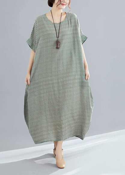Style O Neck Cotton Quilting Clothes Pakistani Work Green Striped Loose Dress Summer