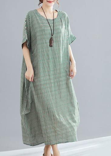 Style O Neck Cotton Quilting Clothes Pakistani Work Green Striped Loose Dress Summer