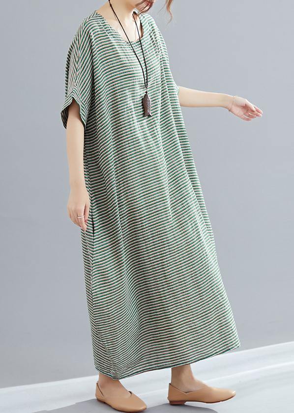 Style O Neck Cotton Quilting Clothes Pakistani Work Green Striped Loose Dress Summer