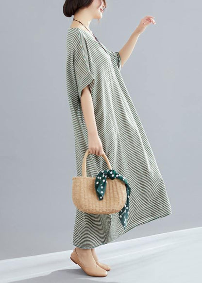 Style O Neck Cotton Quilting Clothes Pakistani Work Green Striped Loose Dress Summer