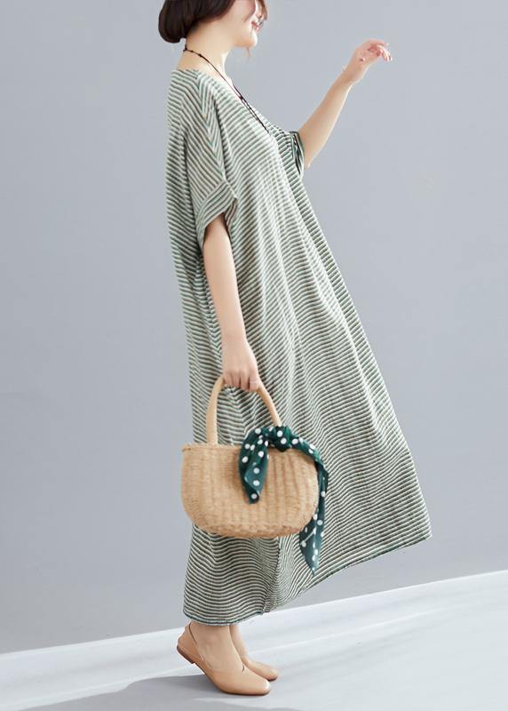 Style O Neck Cotton Quilting Clothes Pakistani Work Green Striped Loose Dress Summer