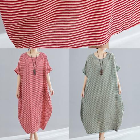 Style O Neck Cotton Quilting Clothes Pakistani Work Green Striped Loose Dress Summer