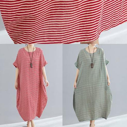 Style O Neck Cotton Quilting Clothes Pakistani Work Green Striped Loose Dress Summer