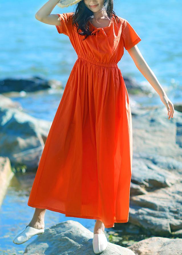 Style O Neck Drawstring Cotton Quilting Clothes Work Outfits Orange Red Long Dresses Summer