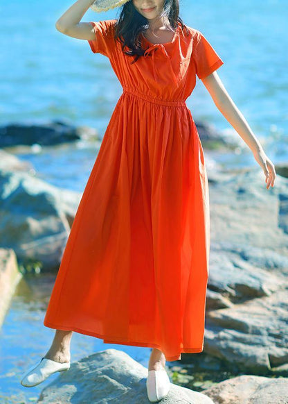 Style O Neck Drawstring Cotton Quilting Clothes Work Outfits Orange Red Long Dresses Summer