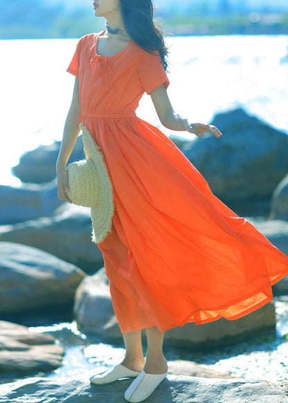 Style O Neck Drawstring Cotton Quilting Clothes Work Outfits Orange Red Long Dresses Summer