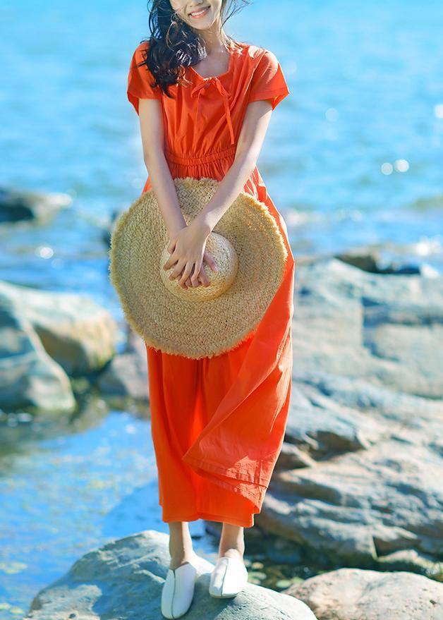 Style O Neck Drawstring Cotton Quilting Clothes Work Outfits Orange Red Long Dresses Summer
