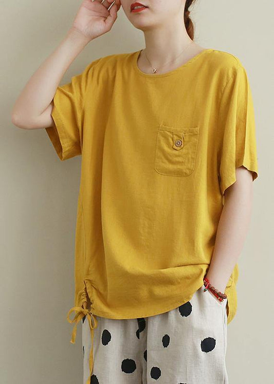 Style O Neck Drawstring Linen Cotton Summerblouse Yellow Baggy Shirts