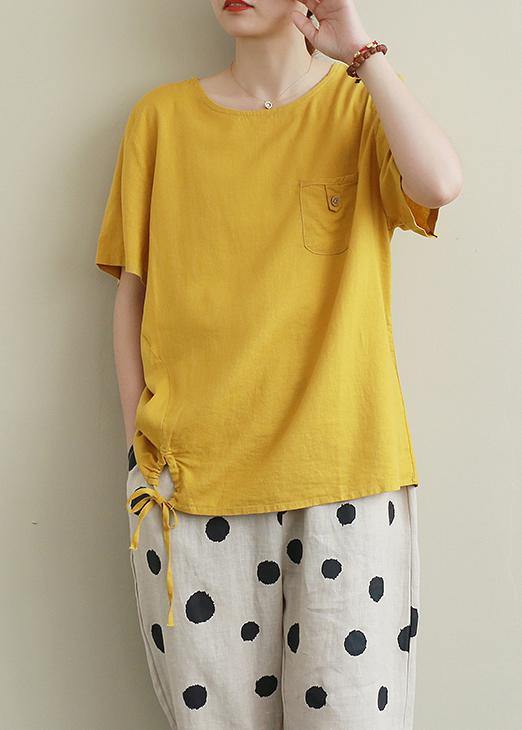 Style O Neck Drawstring Linen Cotton Summerblouse Yellow Baggy Shirts