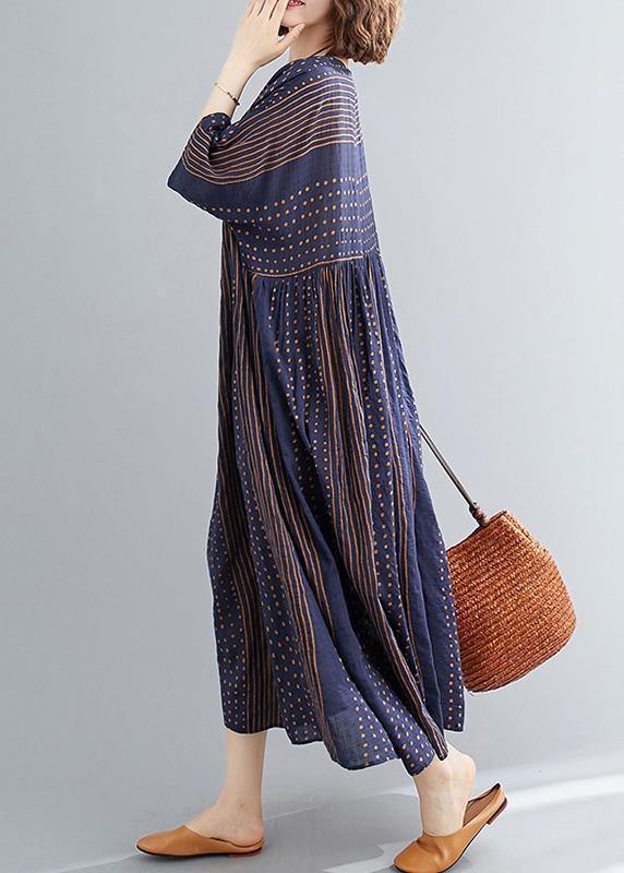Style O Neck Extra Large Hem Cotton Summer Pattern Work Blue Striped Loose Dress