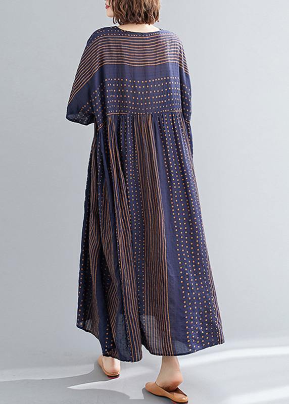 Style O Neck Extra Large Hem Cotton Summer Pattern Work Blue Striped Loose Dress