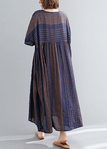 Style O Neck Extra Large Hem Cotton Summer Pattern Work Blue Striped Loose Dress