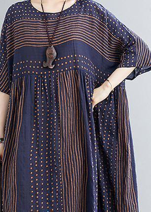 Style O Neck Extra Large Hem Cotton Summer Pattern Work Blue Striped Loose Dress