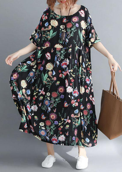 Style O Neck Linen Summer Quilting Clothes Catwalk Black Print Dress