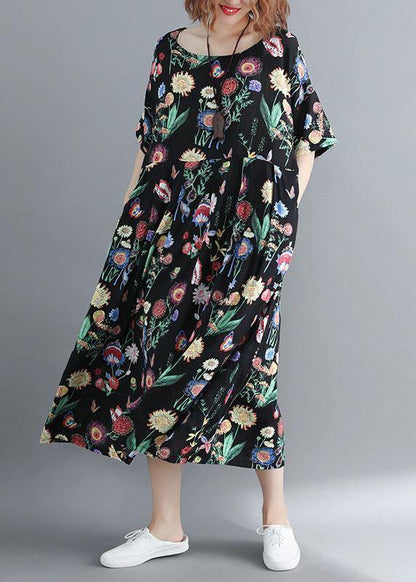 Style O Neck Linen Summer Quilting Clothes Catwalk Black Print Dress