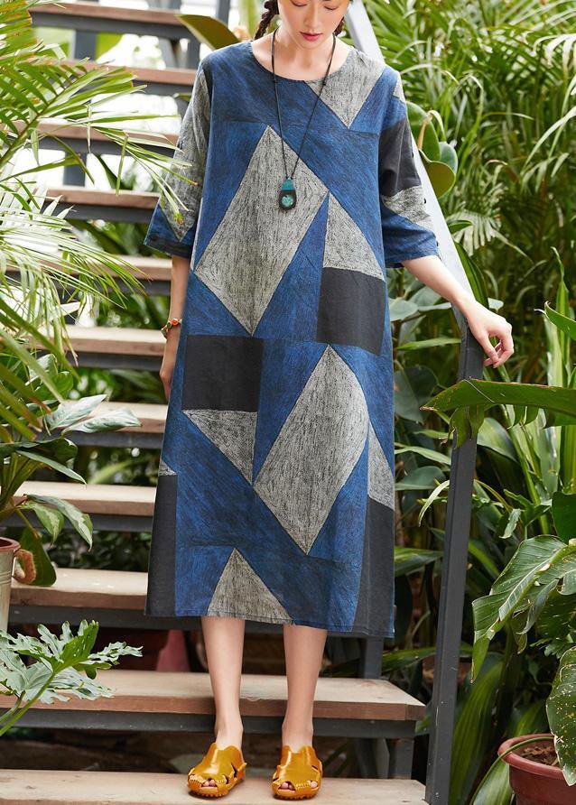 Style O Neck Patchwork Robes Work Blue Gray Print Dress Summer