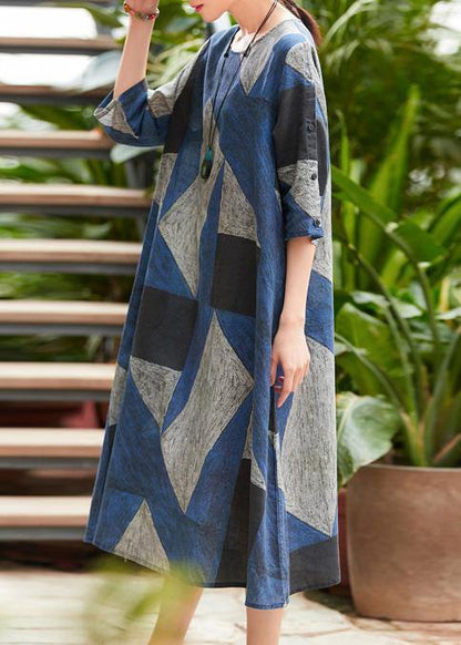 Style O Neck Patchwork Robes Work Blue Gray Print Dress Summer