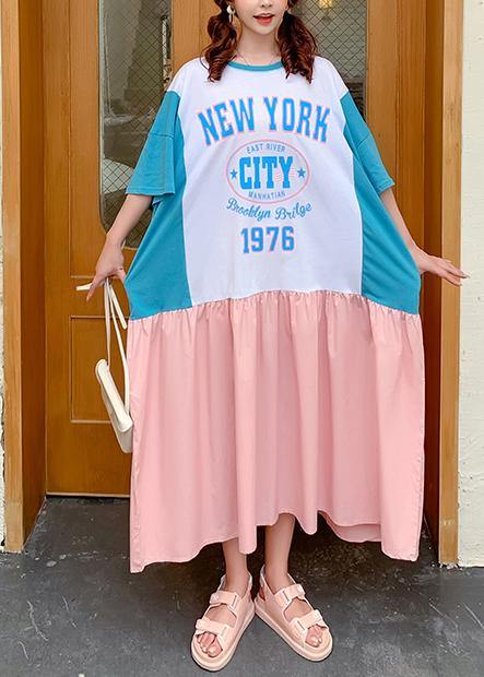 Style O Neck Patchwork Clothes Design Pink Letter Robe Dresses