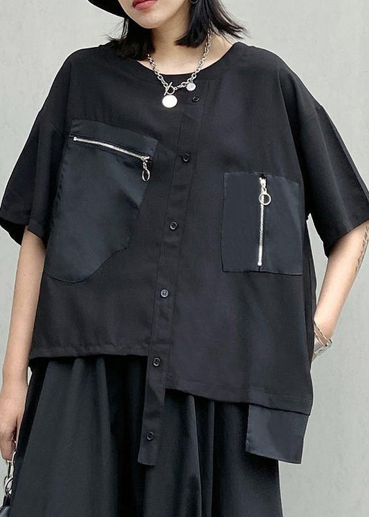Style O Neck Patchwork Cotton Summer Tunic Pattern Black Shirts