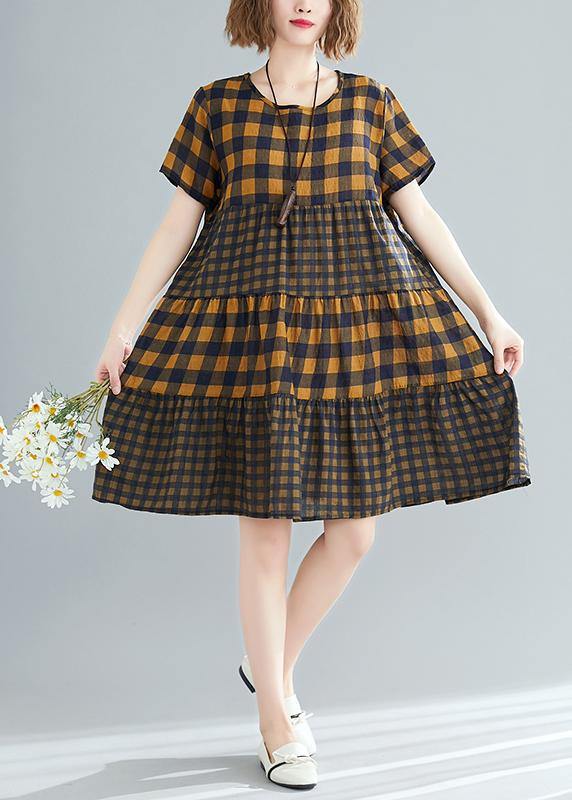 Style O Neck Patchwork Linen Cotton Quilting Dresses Tutorials Yellow Plaid Loose Dress Summer