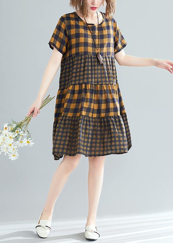 Style O Neck Patchwork Linen Cotton Quilting Dresses Tutorials Yellow Plaid Loose Dress Summer