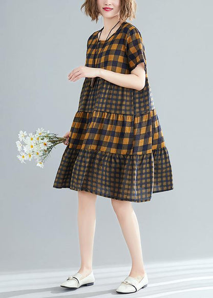 Style O Neck Patchwork Linen Cotton Quilting Dresses Tutorials Yellow Plaid Loose Dress Summer
