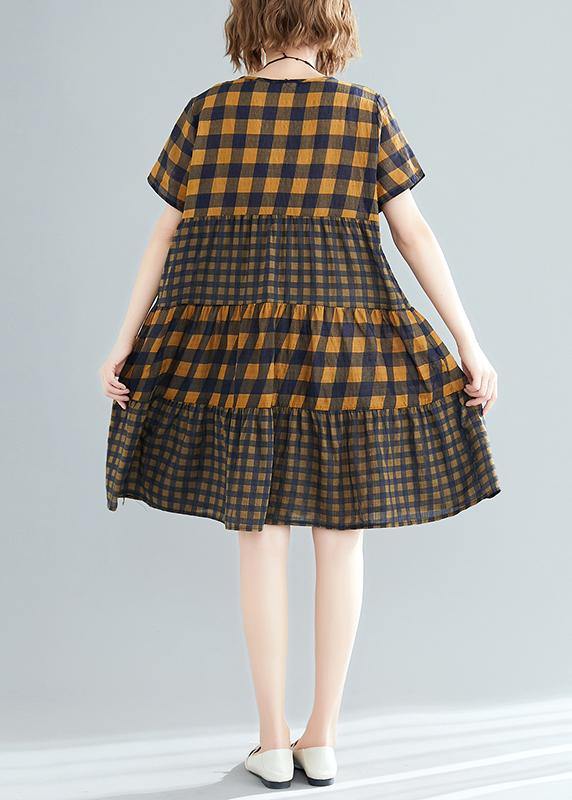 Style O Neck Patchwork Linen Cotton Quilting Dresses Tutorials Yellow Plaid Loose Dress Summer
