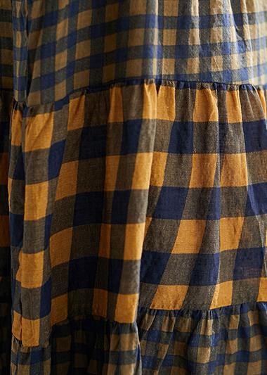 Style O Neck Patchwork Linen Cotton Quilting Dresses Tutorials Yellow Plaid Loose Dress Summer