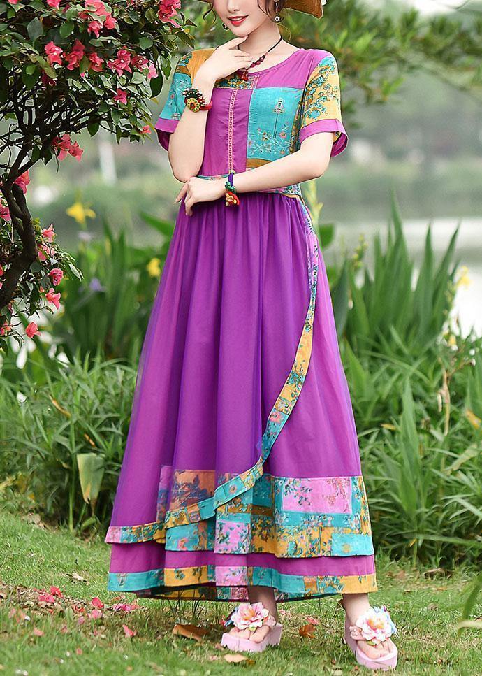 Style O Neck Patchwork Tulle Cotton Clothes Work Outfits Purple Print Art Dresses Summer