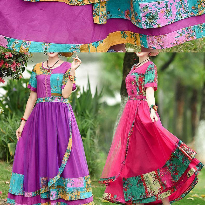 Style O Neck Patchwork Tulle Cotton Clothes Work Outfits Purple Print Art Dresses Summer
