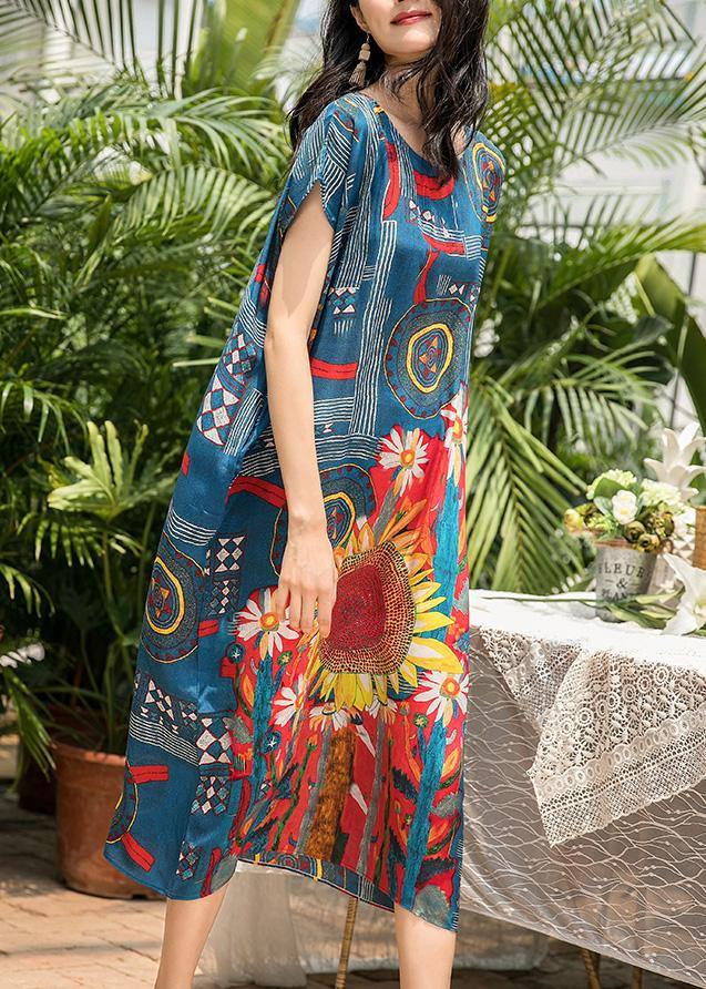 Style O Neck Pockets Silk Dresses Work Blue Print Dress Summer