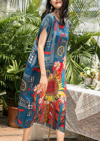 Style O Neck Pockets Silk Dresses Work Blue Print Dress Summer